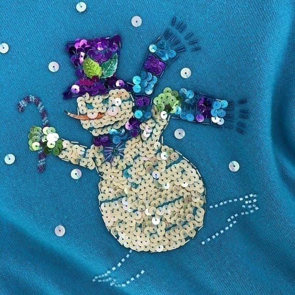 Field Gear Women's S Petite Blue Snowman Sequin Long Sleeve Round Neck Sweater - Picture 6 of 12